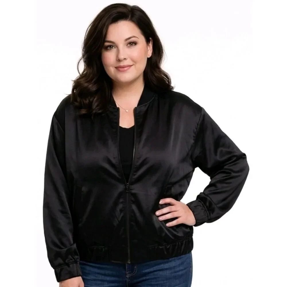Edited by Remi Bader Black Satin Bomber Jacket Size 1X
